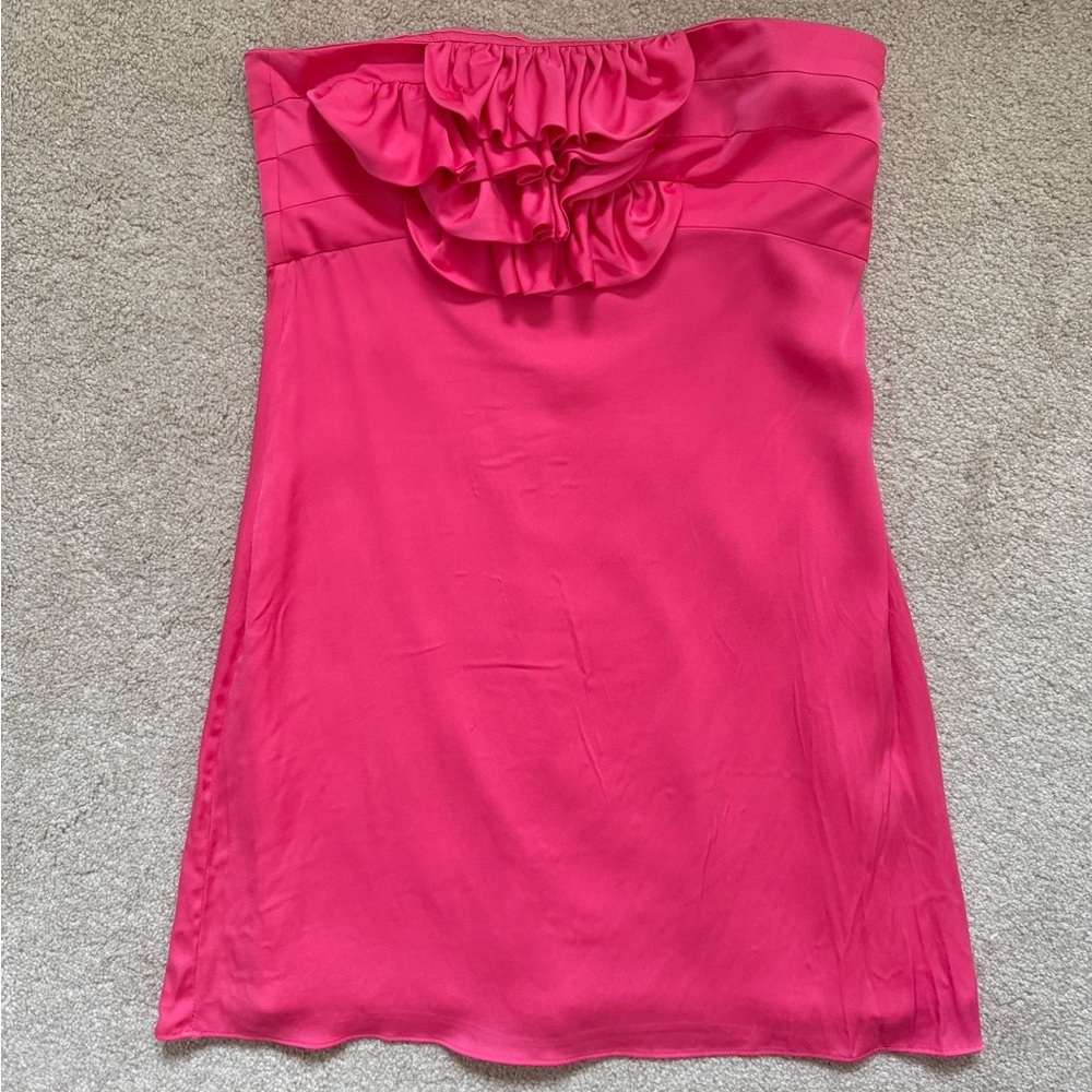 Y2K Alice + Olivia hot pink silk satin strapless bib ruffle mini dress 94% Silk